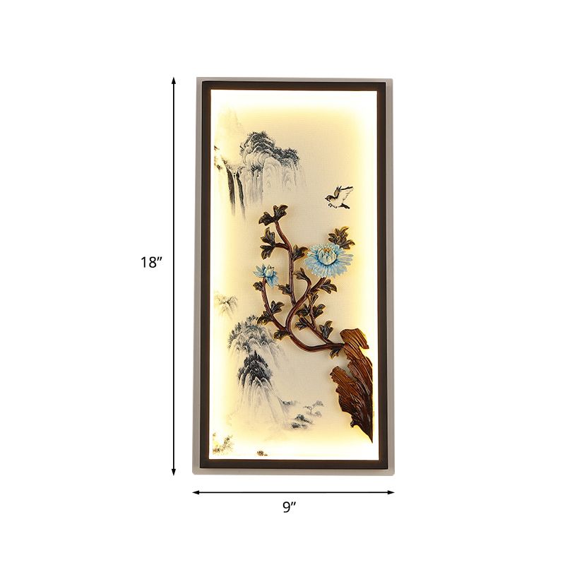 Chrysanths and Mountain Wall Mural Lamp Asian Aluminum Bedroom LED Sconce Light in Black