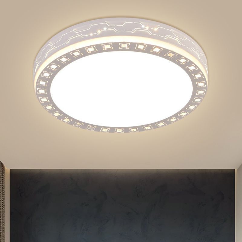 White Round Light Fixture Contemporary Clear Crystal Blocks LED Corridor Flush Mount Lighting
