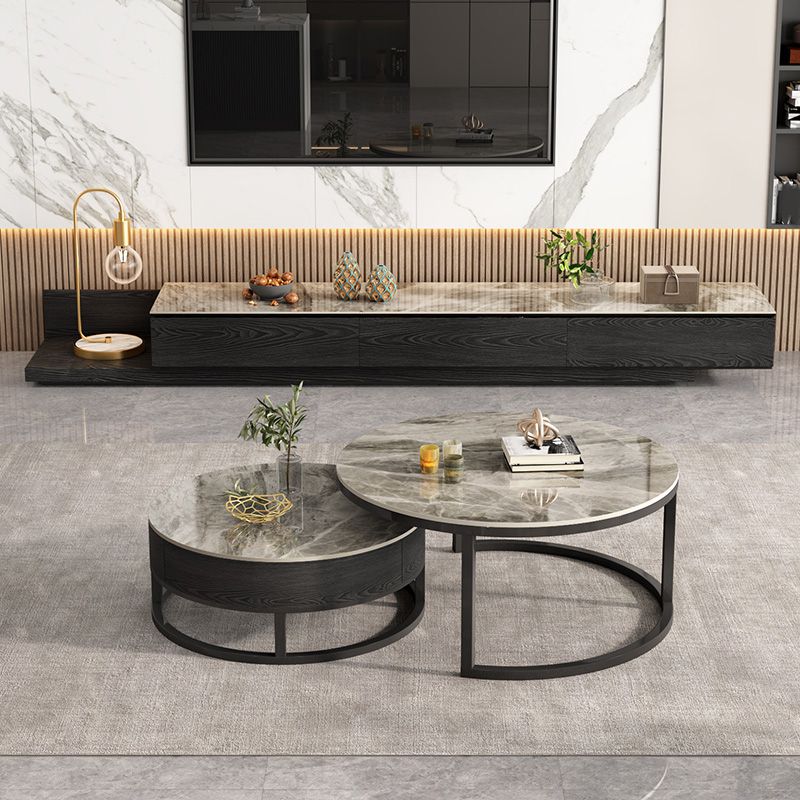 Round Slate Top Coffee Table Frame Coffee Cocktail Table with Drawers