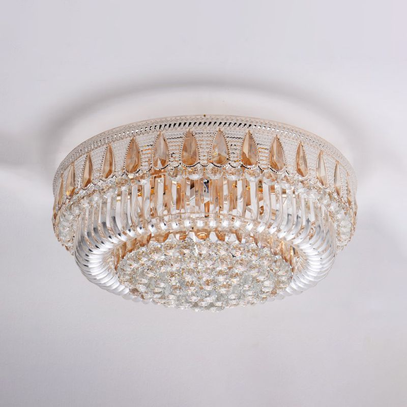 7 Heads Clear Crystal Orbs Flush Light Fixture Modern Gold Finish Drum Living Room Ceiling Mount