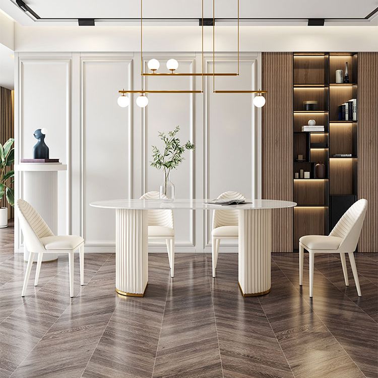 Contemporary Oval Table Sintered Stone Top Double Pedestal Dining Table