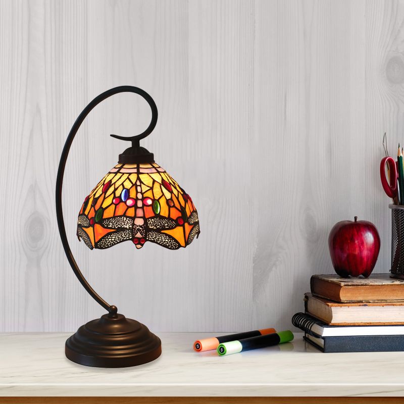 Dragonfly Cut Glass Desk Lighting Victorian 1 Light Orange/Green Night Lamp with Curved Arm for Bedroom