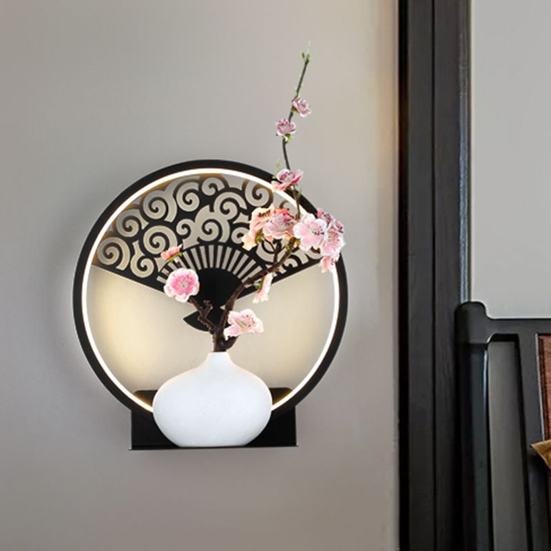 Rounded Metallic Wall Mural Lamp Oriental LED Black Wall Mounted Light Fixture with Fan and Plum Pattern, Warm/White Light