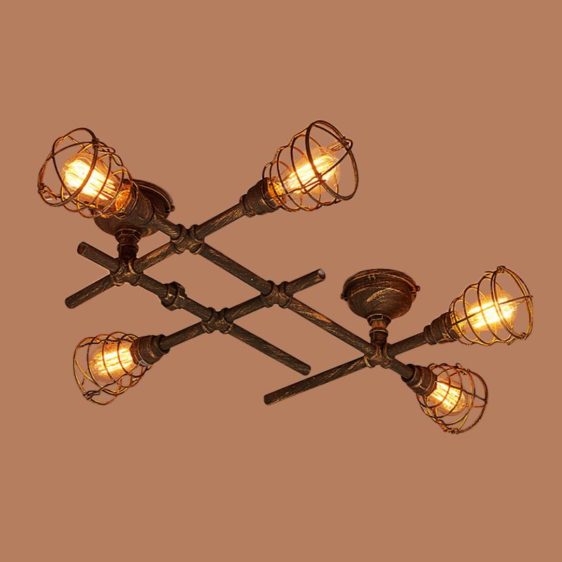 Industrial Intersecting Piping Ceiling Light 4/5/8 Heads Iron Semi Flush Mounted Light with Cage Guard in Brass