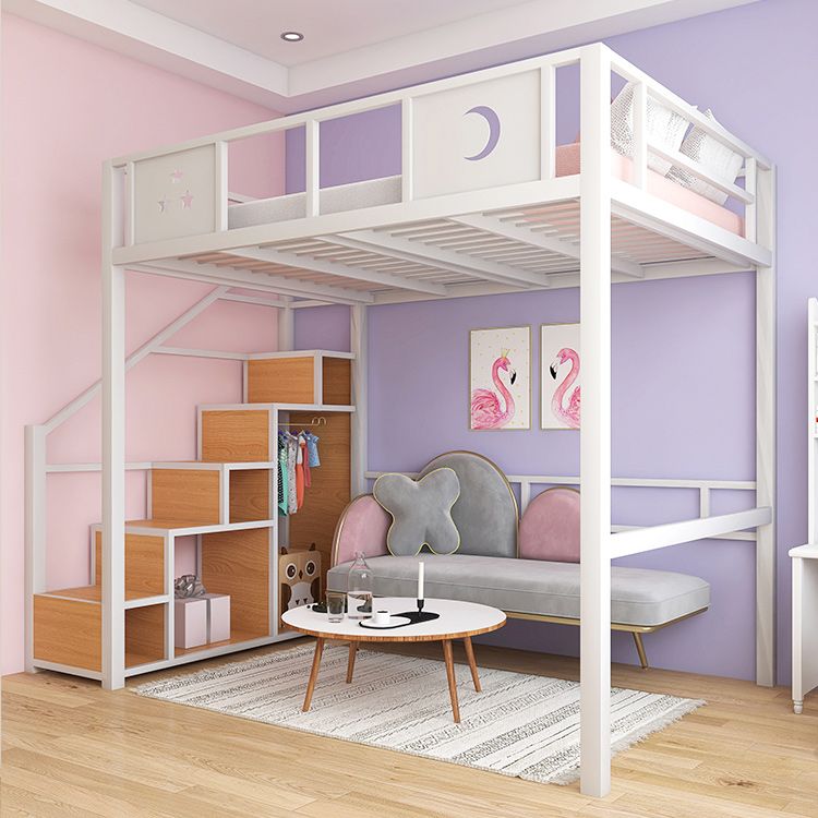 White/Black Loft Bed with Guardrail Metal Kids Bed with Staircase