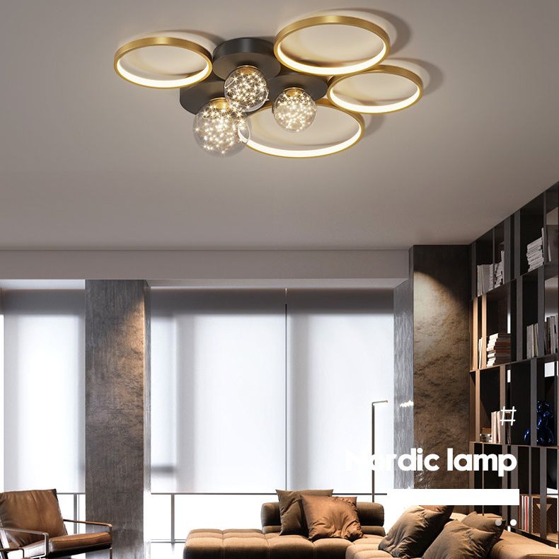 Círculos de estilo de simplicidad contemporánea Lámpara de techo LED Camas de luz LED creativa Bola de vidrio transparente Luz de montaje de montaje para sala de estar para sala de estar