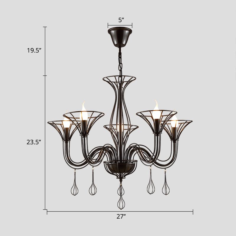 Dark Brown Scrolled Arm Pendant Lighting Classic Metal 5/6 Lights Living Room Chandelier