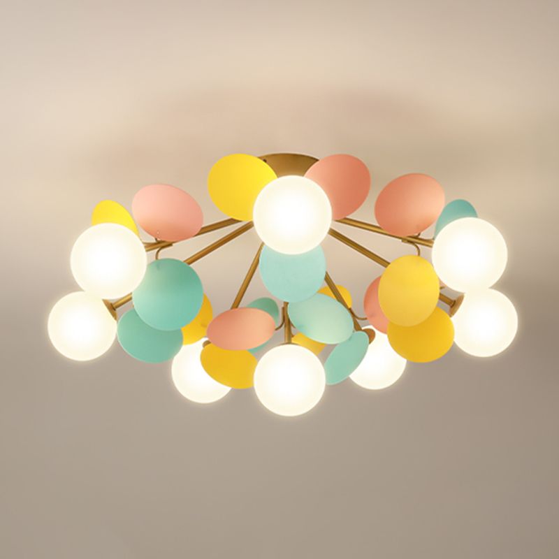 Flower Branch Metal Semi Flush Ceiling Light in Modern Simplicity Sputnik Indoor Flush Mount with Circular Opal Glass Shade