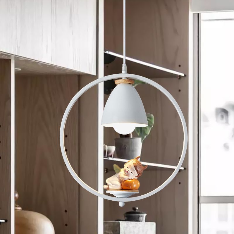 Iron Bell and Ring Hanging Light Kit Nordic 1 Head White Finish Pendulum Lamp with Pig/Girl/Boy Deco