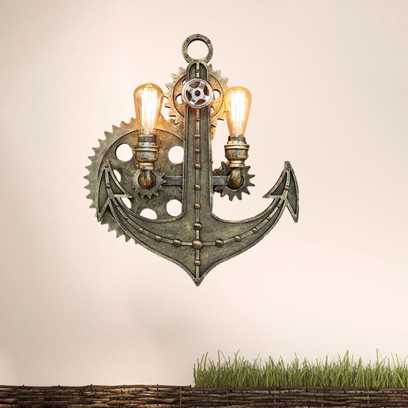 2 Bulbs Anchor Wall Mount Light with Gear Deco Antique Style Aged Brass/Rust Wrought Iron Sconce Lamp for Restaurant