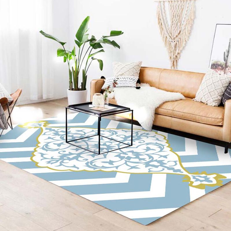 Blue and White Moroccan Rug Polyester Medallion Pattern Rug Pet Friendly Washable Anti-Slip Backing Carpet for Decoration