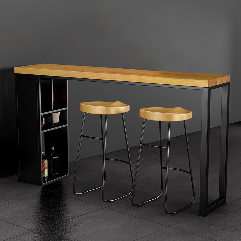 Natural Solid Wood Pub Table Pedestal Rectangle Bar Height Table with Shelves