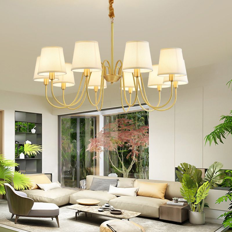 Fabric Bucket Shade Suspension Light Simplicity Living Room Chandelier Light in Brass