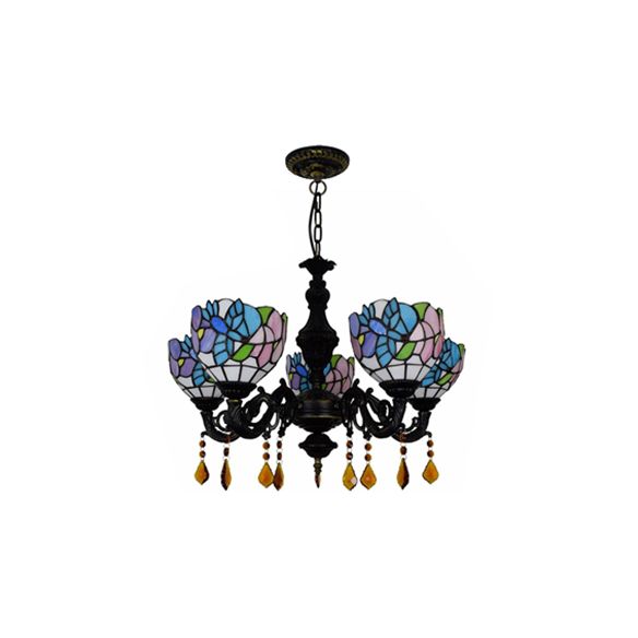Country Scalloped Hanging Light Stained Glass 5 Heads Multicolored Chandelier for Living Room
