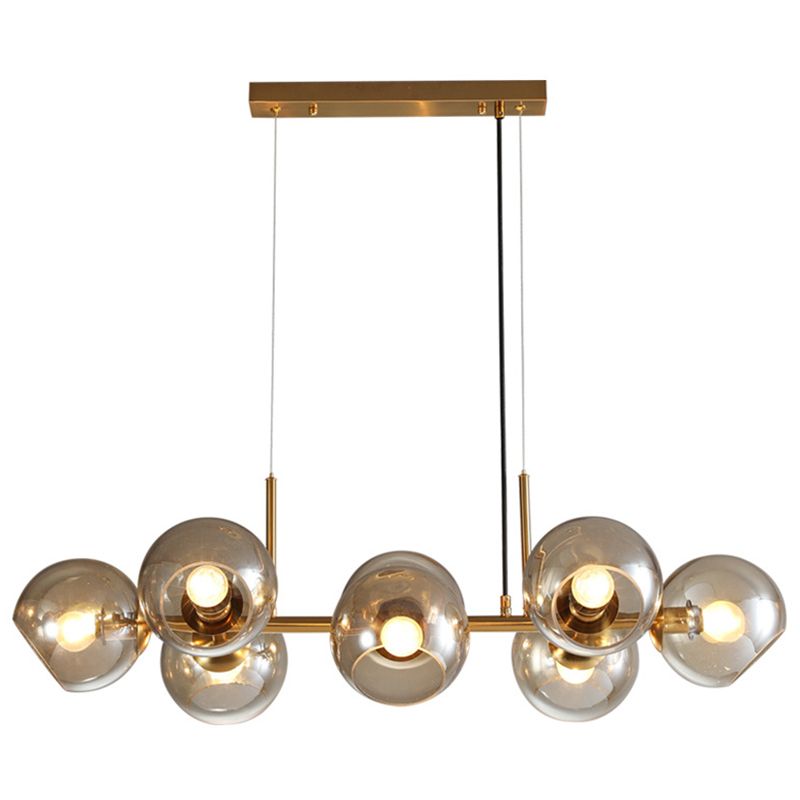 8 Light Mid-Century Gold Metal Island Pendant Lighting Spherical Glass Island Ceiling Light for Dining Table