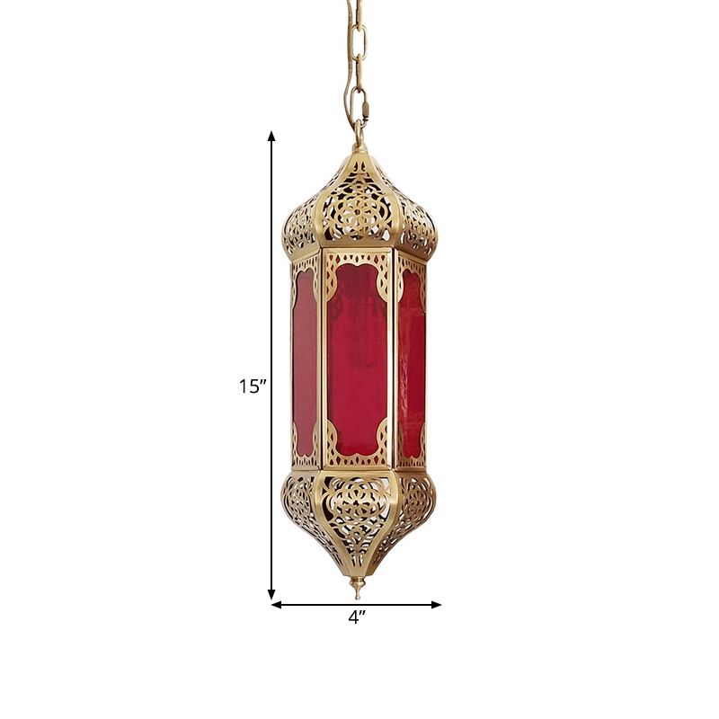 Arab Lantern Hanging Light 1 Bulb Red Glass Pendant Lighting Fixture with Hollow Pattern