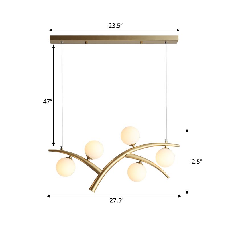 Vertakking ijzer kroonluchter eigentijdse 5 lichten gouden hanglamp lampje met orb witte glazen schaduw