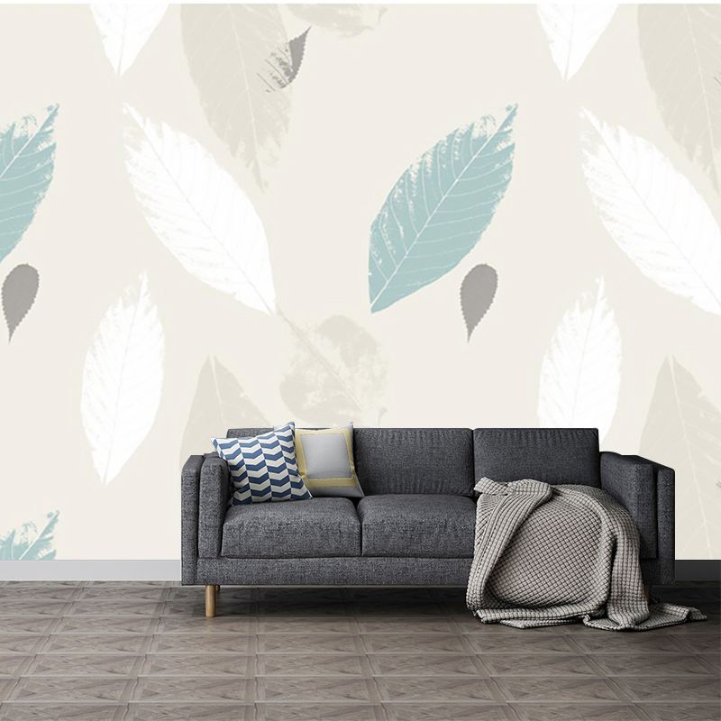 Blue and Yellow Leaves Murals for Wall Stain Resistant Modern Bedroom Wall Covering