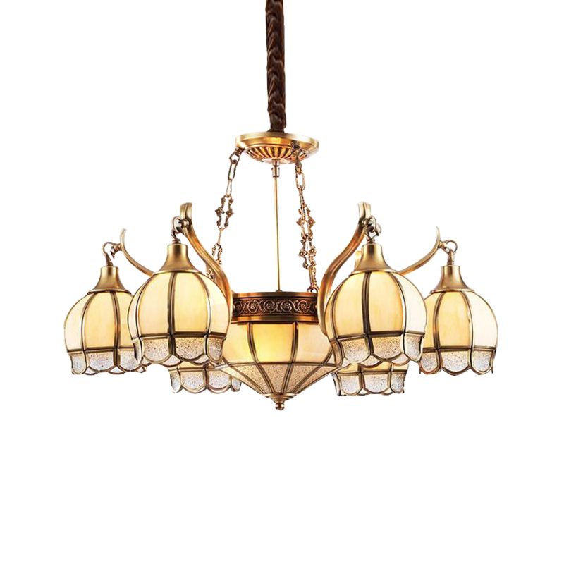 Gold Flower Shaped Chandelier Lighting Colonial Frosted Glass 9 Lights Living Room Hanging Pendant Lamp