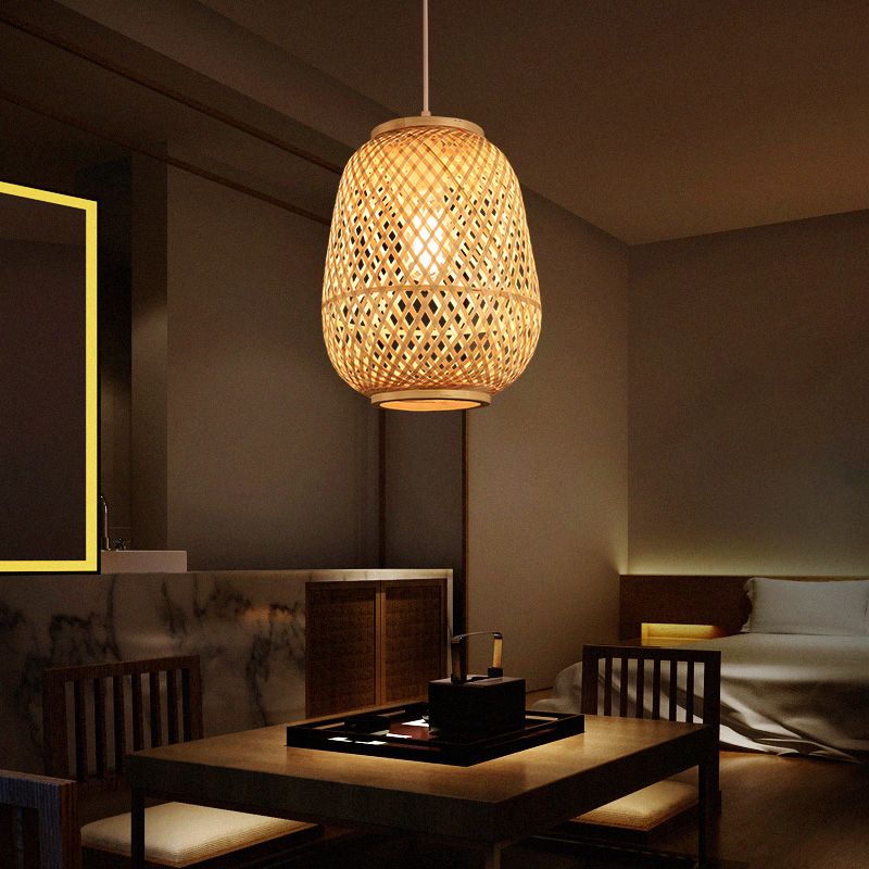 Lantern Shaded Bamboo Suspension Lighting Minimalist 1 Head Wood Pendant Ceiling Light