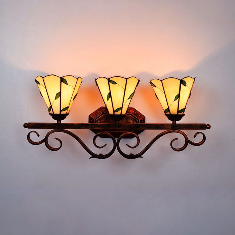 Tiffany Conical Wall Sconce with Leaf Pattern Stained Glass 3 Lights Wall Mount Light for Corridor