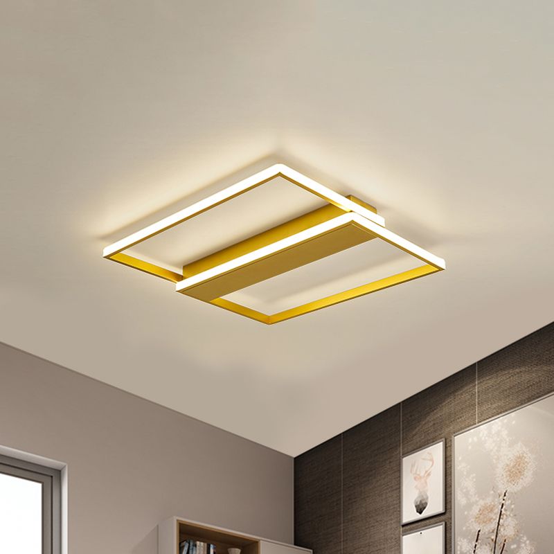 Dual Rectangle Frame Flush Ceiling Light Modernist Metallic Sitting Room LED Flush Mount Lamp in Gold, 16"/19.5" Width