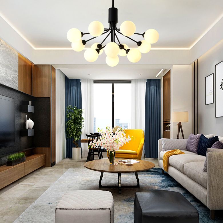 Black Metal Hanging Chandelier Light Modern Opal Glass Shade Ceiling Chandelier for Living Room