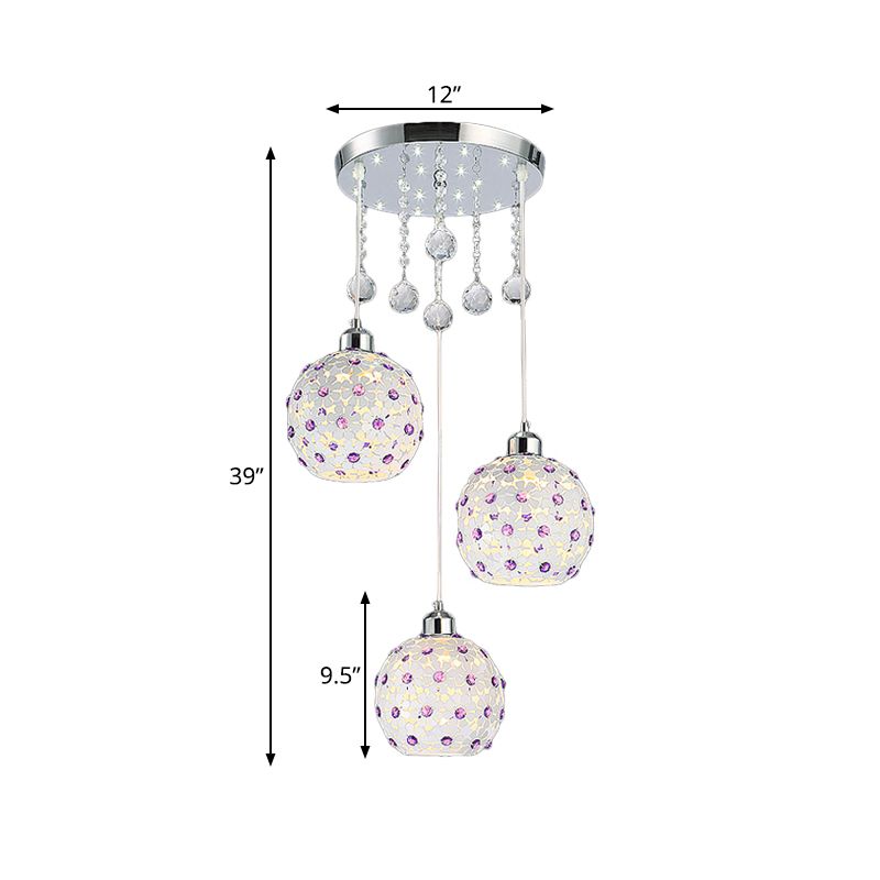 Sphere Multi-colgante Iron Modern 3 luces Techo de acabado blanco Colque de techo con decoración de cuentas de cristal púrpura