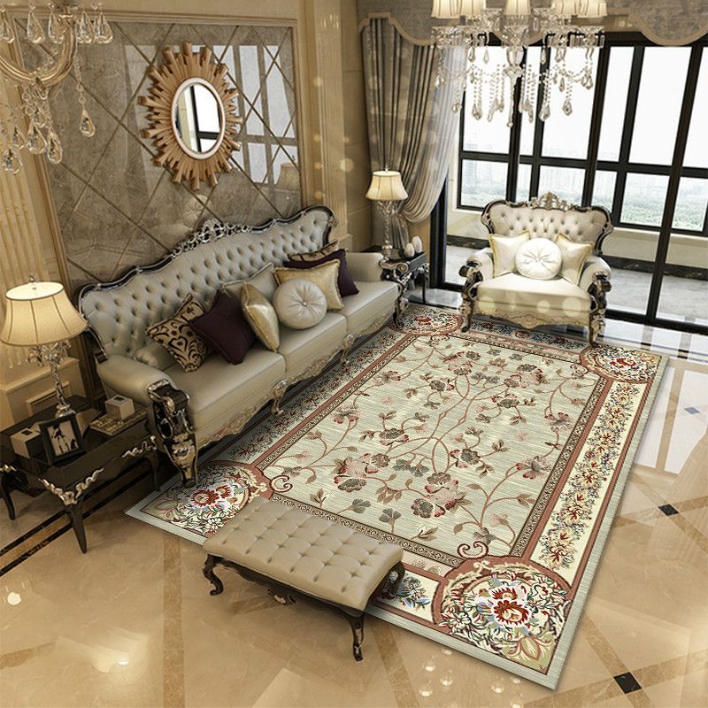 European Flower Pattern Carpet Polyester Area Rug Non-Slip Backing Area Rug for Living Room