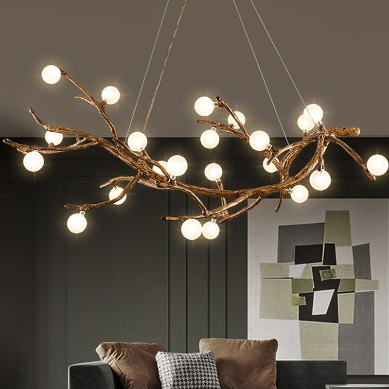 Metal Tree Branch Island Lighting Fixture Art Deco Wood Suspension Light with Ball Acrylic Shade