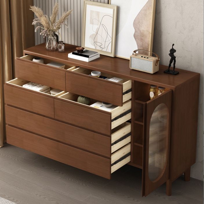 1-Door and 6-Drawer Chest Rubberwood 47.2" Wide Cabinet with Rattan Accent