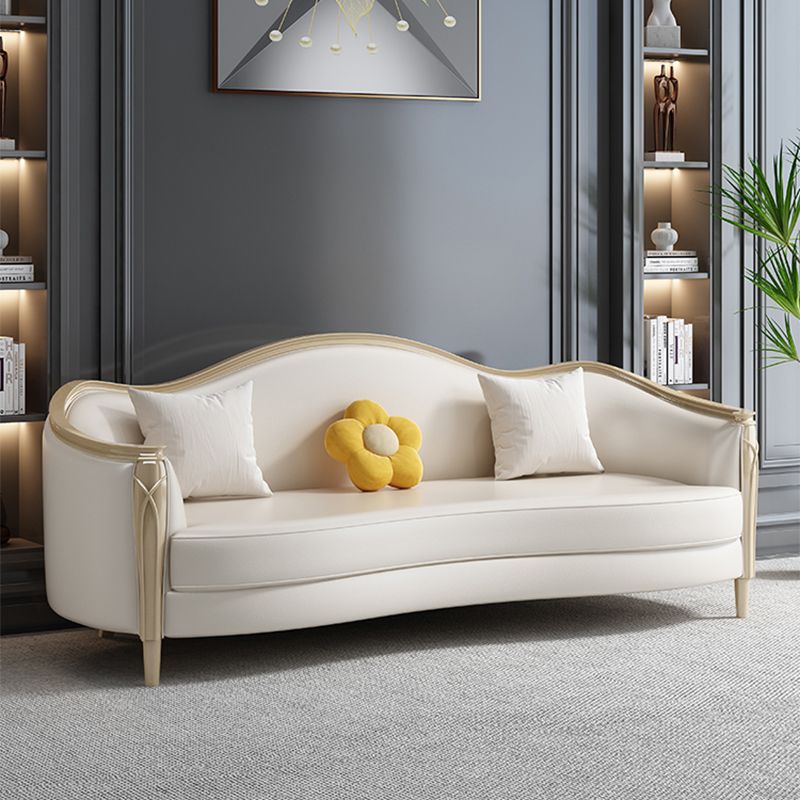 Glam Solid Wood White Genuine Leather Sofa with Pillows for Living Room