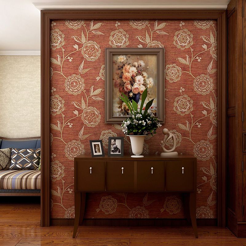 Gold Sunflower Wallpaper Roll Non-Pasted Rustic Living Room Wall Decor on Dark Red