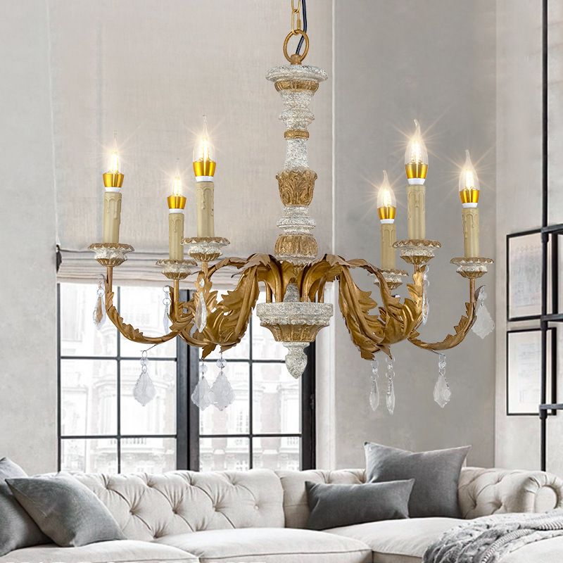 Gold Candle Chandelier Light Traditional Crystal 6 Lights Living Room Hanging Light Fixture