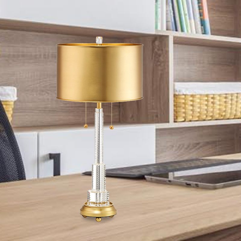 Klarer kristallgeschichtetes Tischlampe ländliche Einheit Schlafzimmer Nachtlicht in Gold mit Trommelmetallschatten
