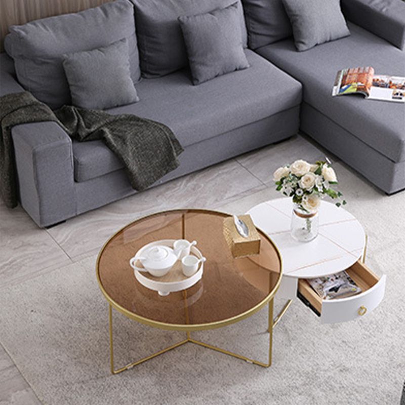 Glass and Slate Cross Legs Coffee Table Modern Round Table for Living Room