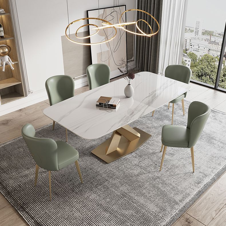 Traditional Luxury Sintered Stone Top Dining Table Rectangle Table in White with Gold Pedestal