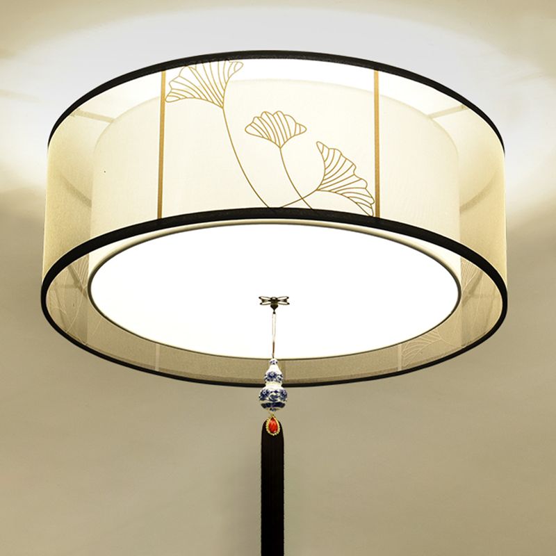 New Chinese Ceiling Light Geometry Shape Ceiling Lamp with Fabric Shade for Bedroom