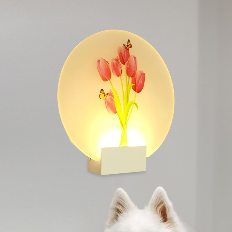 LED Hallway Wall Mural Light Asia Style White Floral Bud/Blossoming Flower Wall Lighting Fixture with Rounded Acrylic Shade