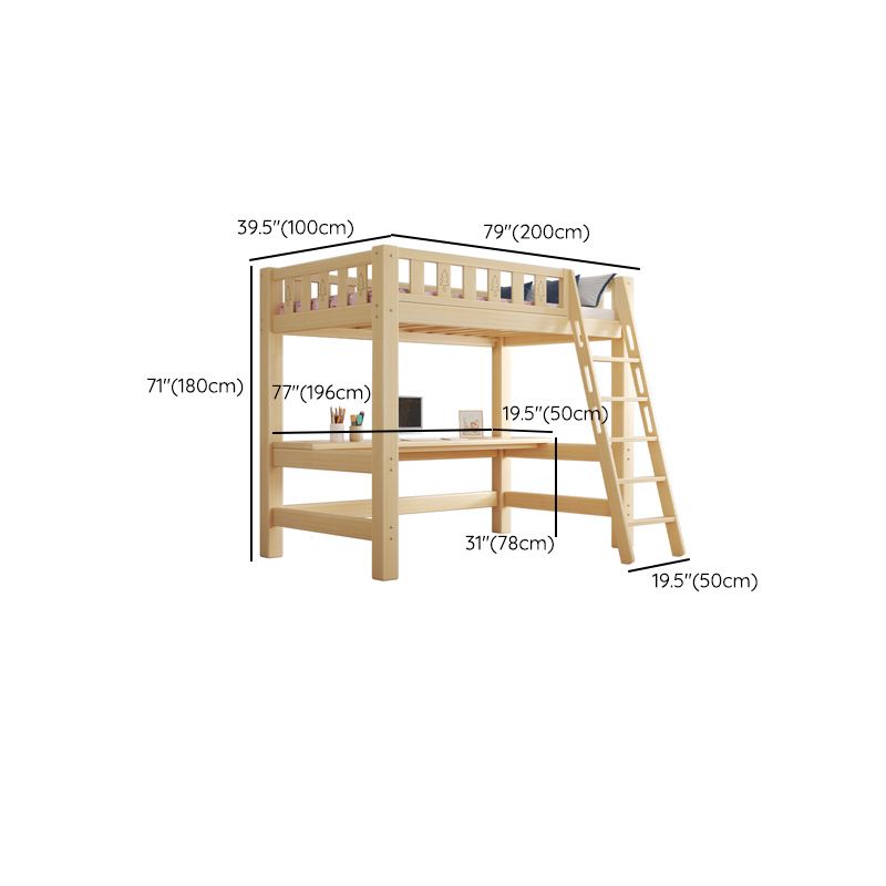 Contemporary Loft Bed Natural Solid Wood Kids Bed with Guardrail