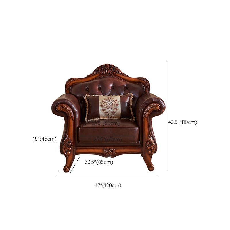 Genuine Leather  Sofa Tufted Split-Back Rolled Arm Sofa in Brown