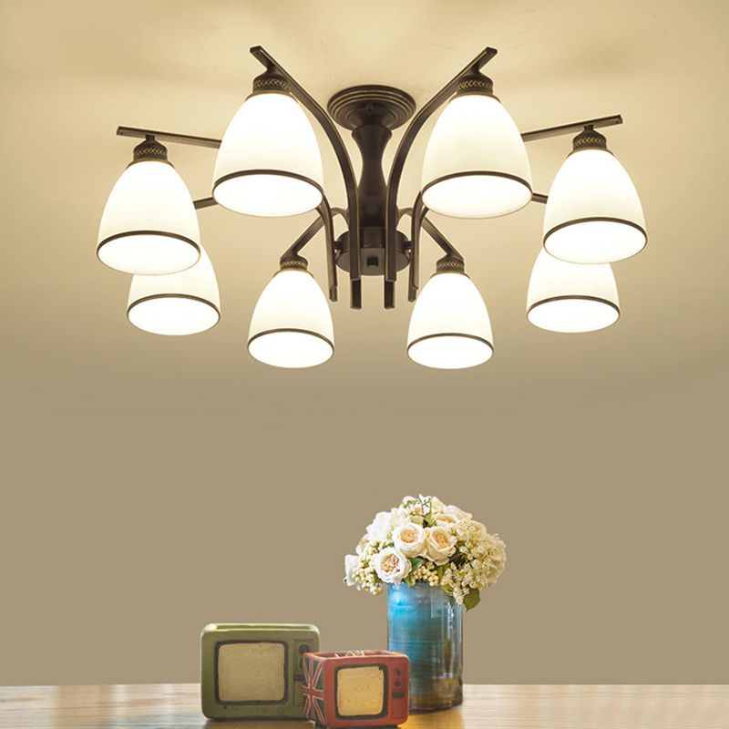 Black Radial Ceiling Light in Traditional Retro Style Wrought Iron Semi Flush Mount with Glass Shade