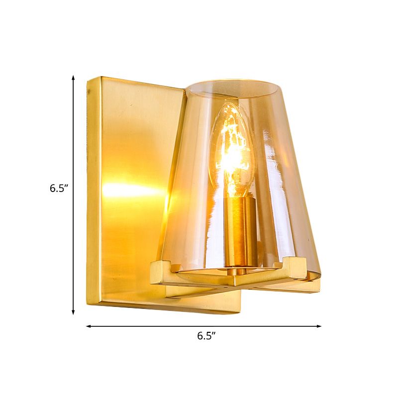 Gold Finish Rectangle Wall Sconce Post Modern 1 Bulb Metal Wall Lamp with Conic Amber Glass Shade