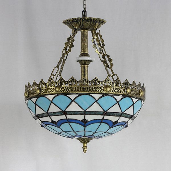 Baroque Bowl Hanging Pendant Light Stained Glass 3 Bulbs Indoor Hanging Light in Blue for Library