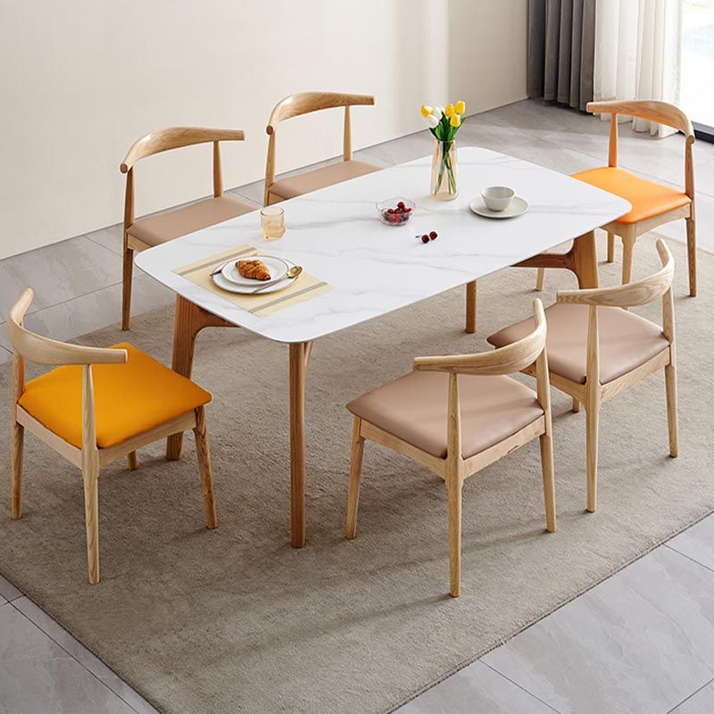 Modern White Stone Top Dinner Table Rectangle Natural Finish Legs Dinette Table