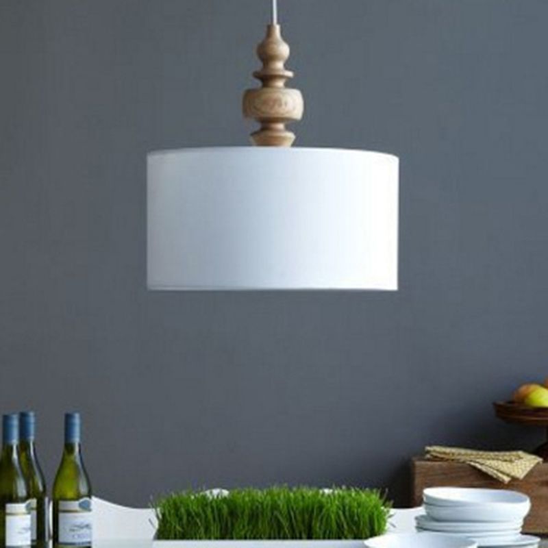 1 Light Ceiling Pendant Light Classic Drum White Fabric Hanging Lamp for Restaurant, 16" Wide