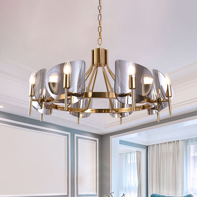 Shield Parlor Ceiling Hang Light Smoky Grey Glass 8 Lights Postmodern Chandelier Lighting in Gold