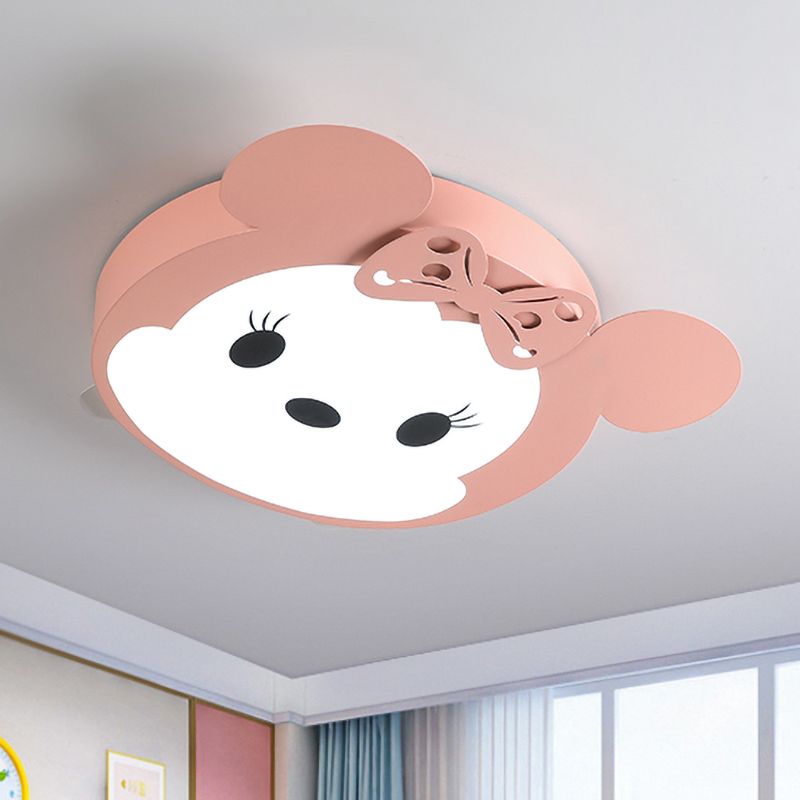 Cartoon Mouse Shaped Ceiling Mounted Fixture Metal LED Kid-Room Flush Lighting in Black/Pink