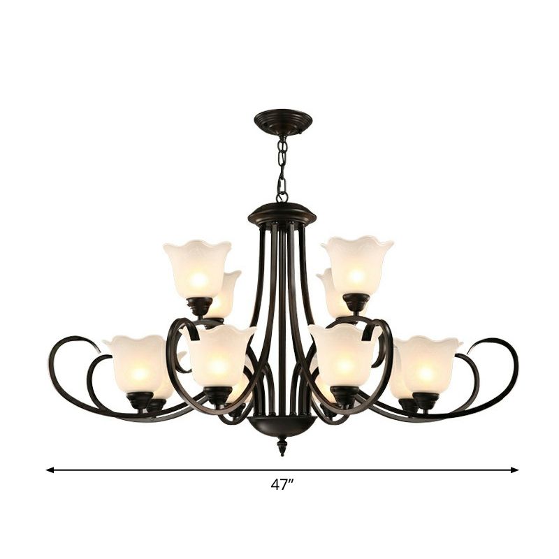 Black Finish Chandelier Lighting Retro Opal Frosted Glass Flower Hanging Light for Living Room