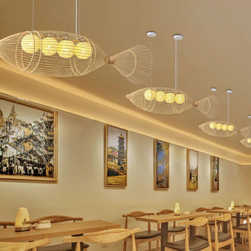 Contemporary Fish Chandelier Pendant Light Bamboo Tea Room Hanging Lighting in Wood